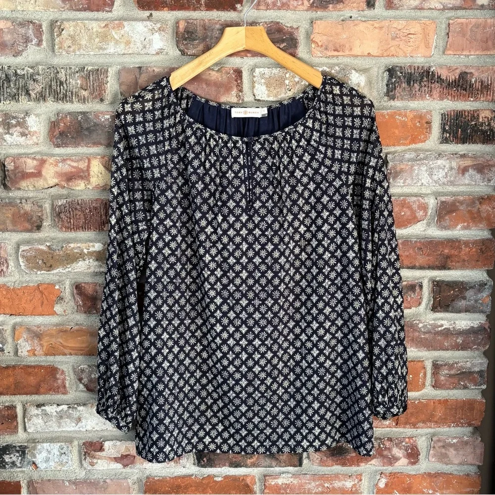 Tory Burch Navy Blue Silk Printed Long Sleeve Blouse Top, 8